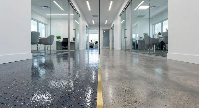 Side-by-side comparison of decorative flake epoxy and polished concrete in commercial hallway with brass divider