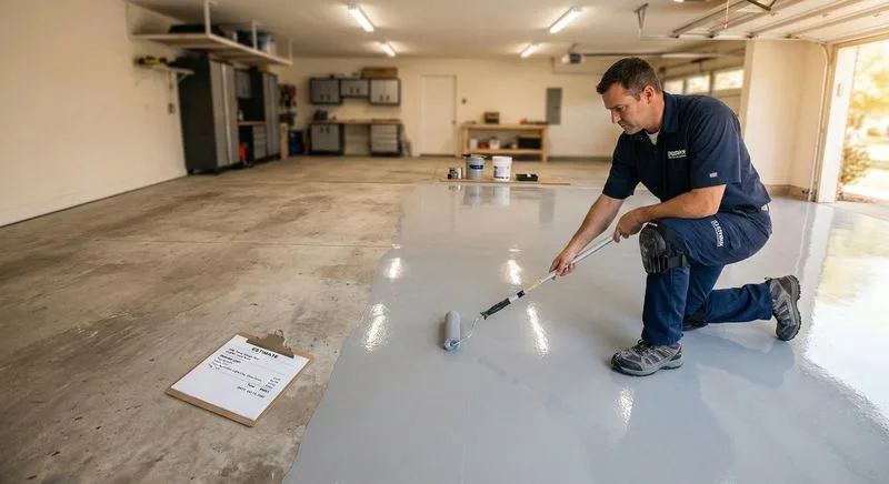 Professional installer kneeling on freshly coated garage floor with estimate clipboard nearby