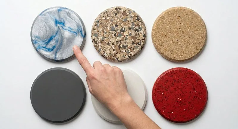 Six circular epoxy floor sample discs showing metallic, flake, quartz, solid, pearl, and red finishes