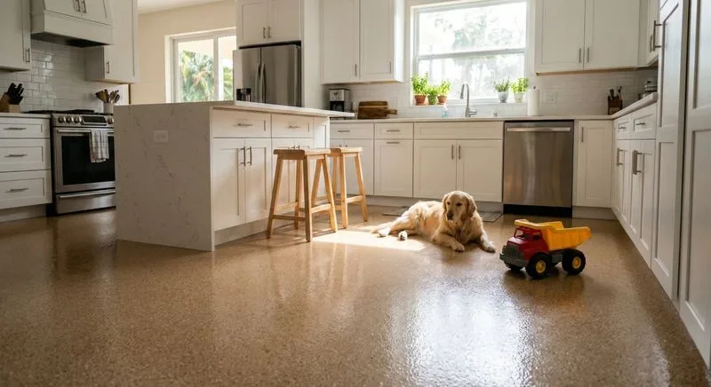 Golden retriever lying on warm tan quartz epoxy kitchen floor with morning sunlight