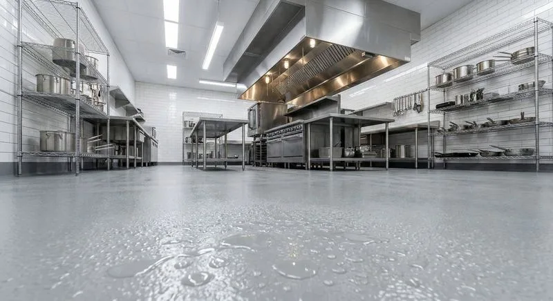 Professional commercial kitchen with seamless light gray epoxy floor showing water beading on surface