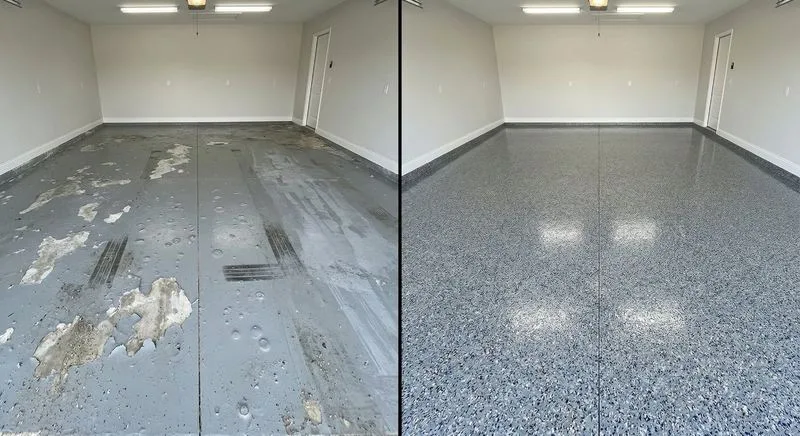 Split comparison of failed peeling DIY epoxy versus flawless professional decorative flake installation
