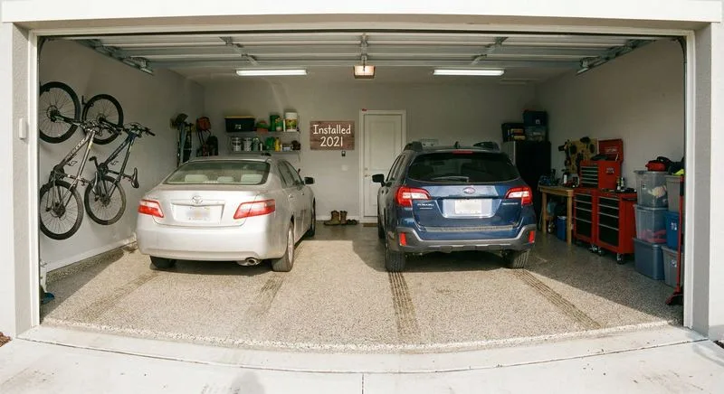 Well-used residential garage with epoxy floor still in excellent condition after years of daily use with two parked cars
