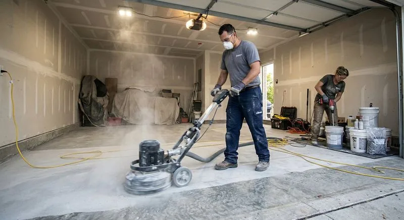 Two-person crew diamond grinding concrete garage floor with dust plume and mixing station